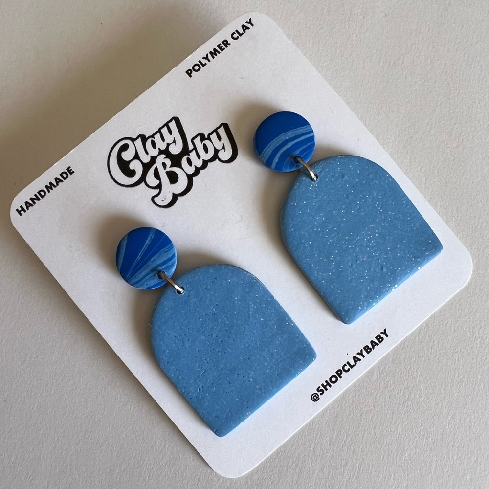 Handmade Polymer Clay Blue Sparkly Marbled Arch Statement Earrings - Approx 2”